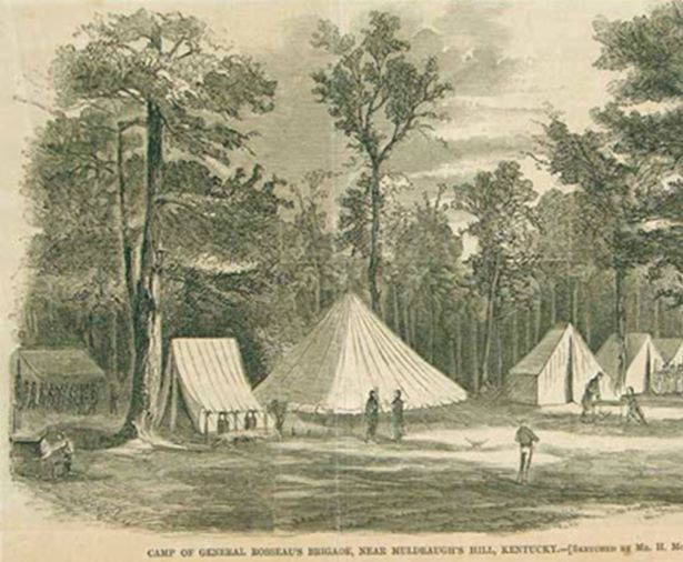 Period photograph of General Rousseau’s camp on Muldraugh Hill, showing rows of tents and work areas similar to how the interior of Fort Duffield would have appeared during the winter of 1861–62.