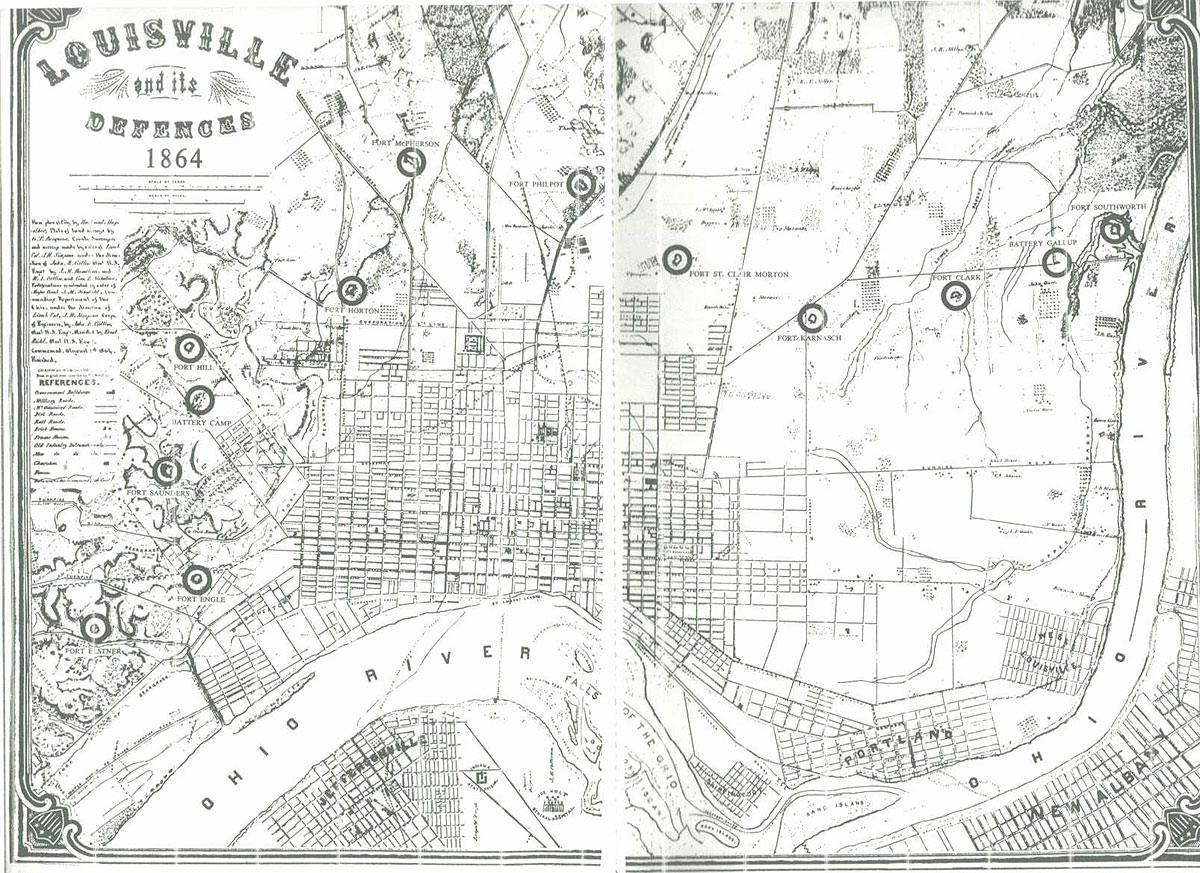 Louisville Defences 1864 map showing the 10½‑mile arc of Civil War forts built to protect the city.