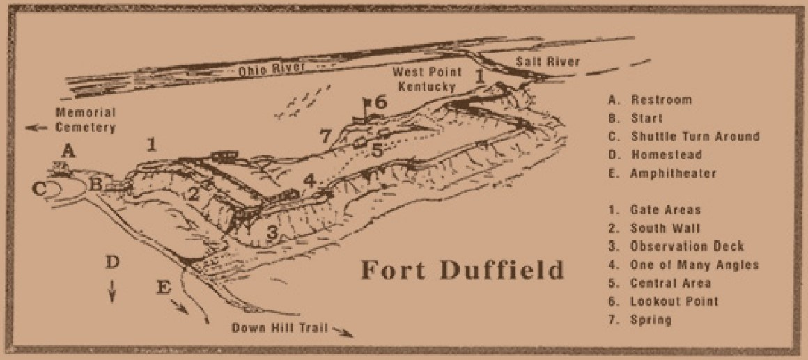 Walking tour map of Fort Duffield showing the ridge trail, station locations, and the layout of the Civil War earthworks above West Point.