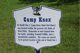 Interpretive marker summarizing the history of Camp Knox and Fort Knox and their long‑term impact on West Point.