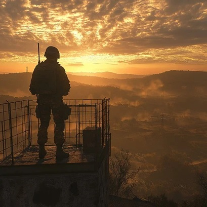 Silhouette of a soldier statue standing guard at the Fort Duffield overlook.