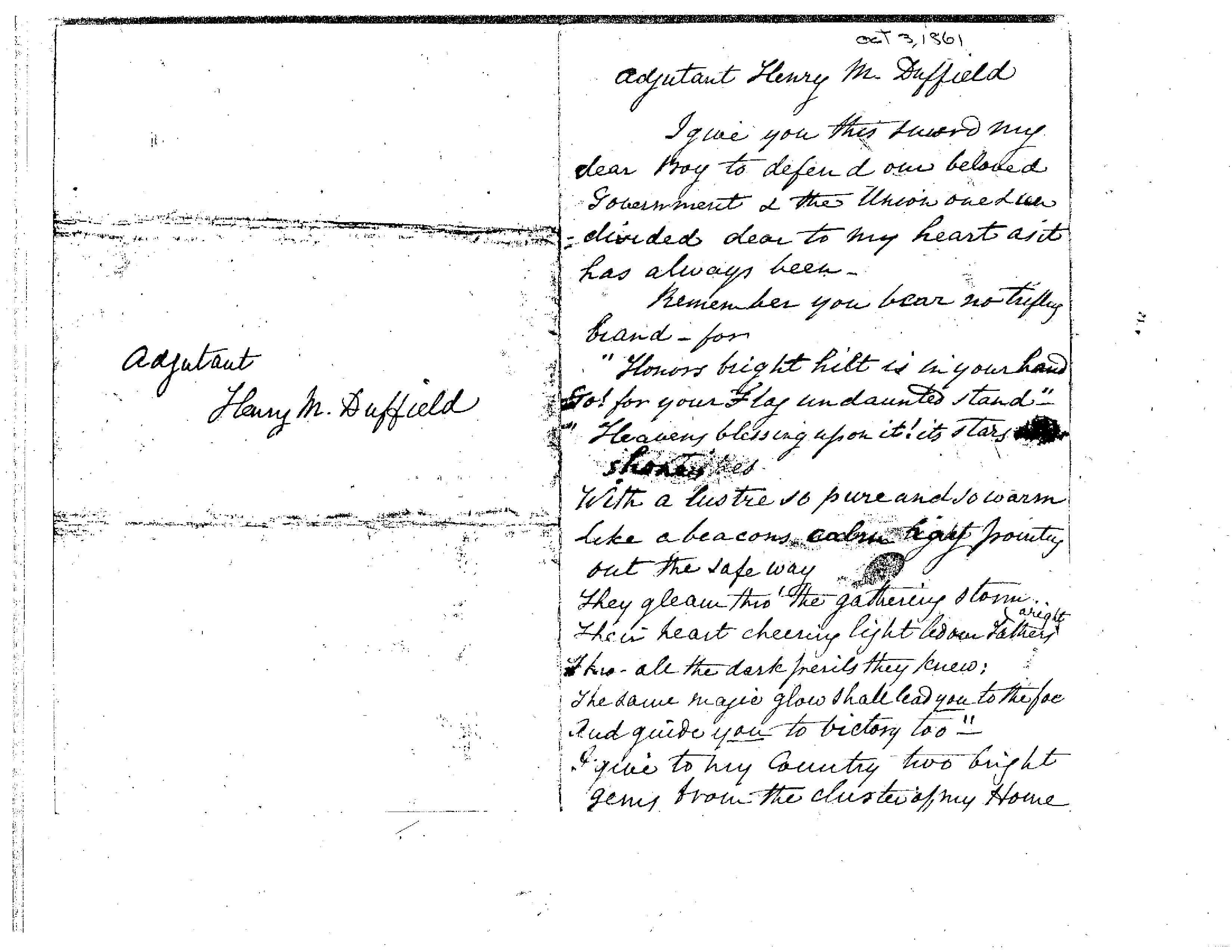 Original October 3, 1861 sword dedication to Adjutant Henry M. Duffield