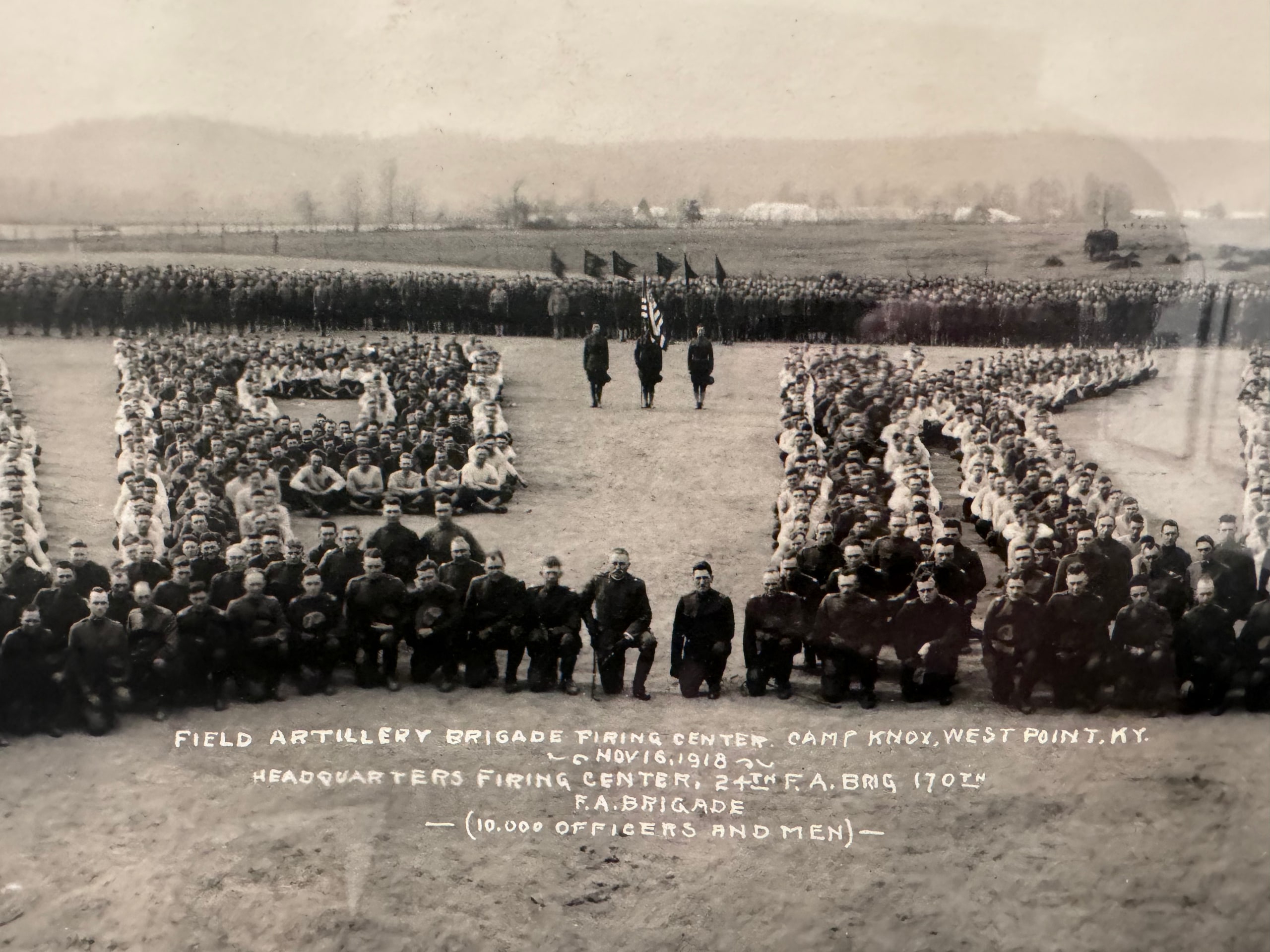 Second formation photograph of Camp Knox artillery trainees arranged into large unit symbols on the West Point flats.