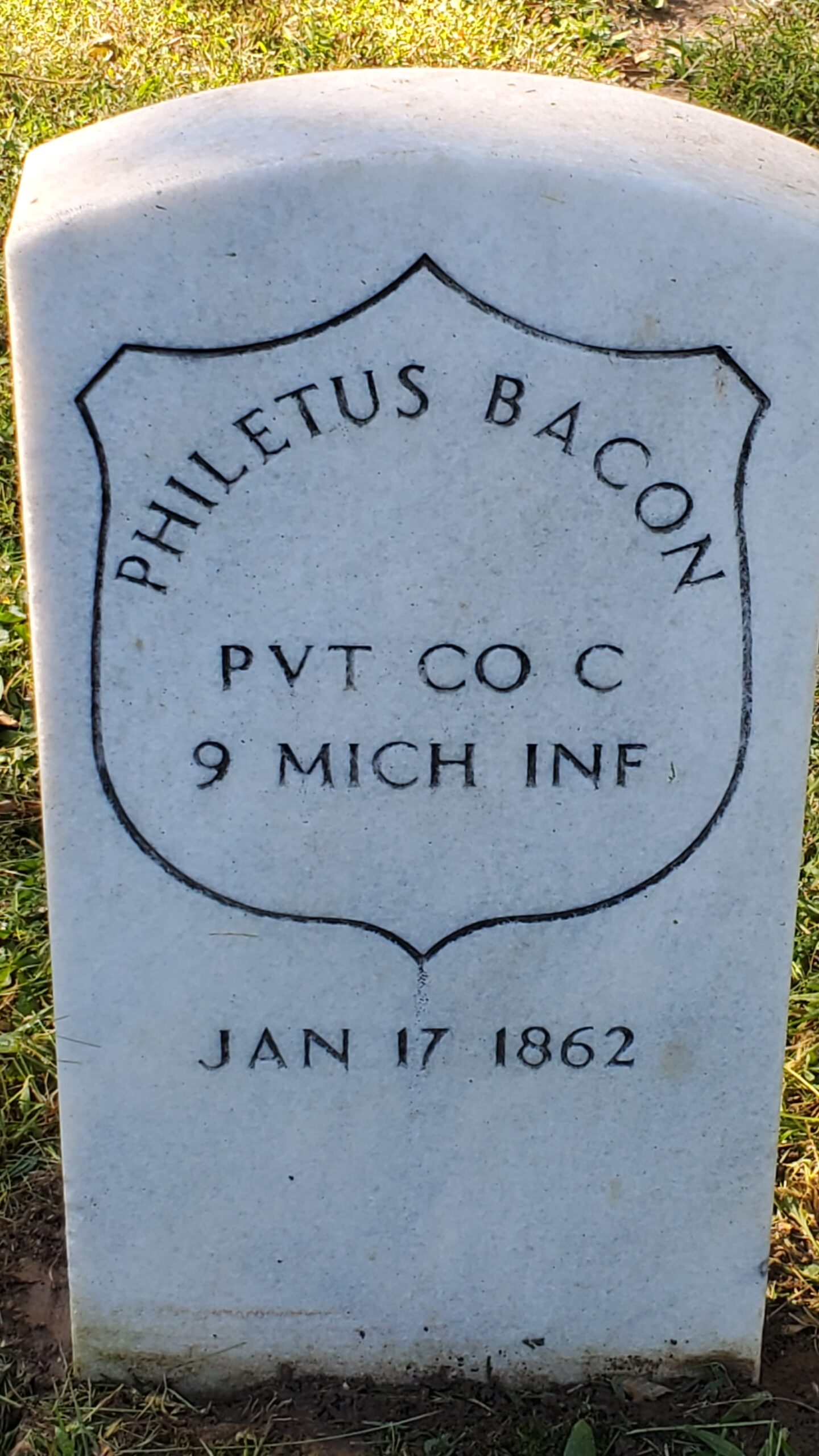 Pvt. Philetus Bacon, Co. C, 9th Michigan Infantry — Died January 7, 1862