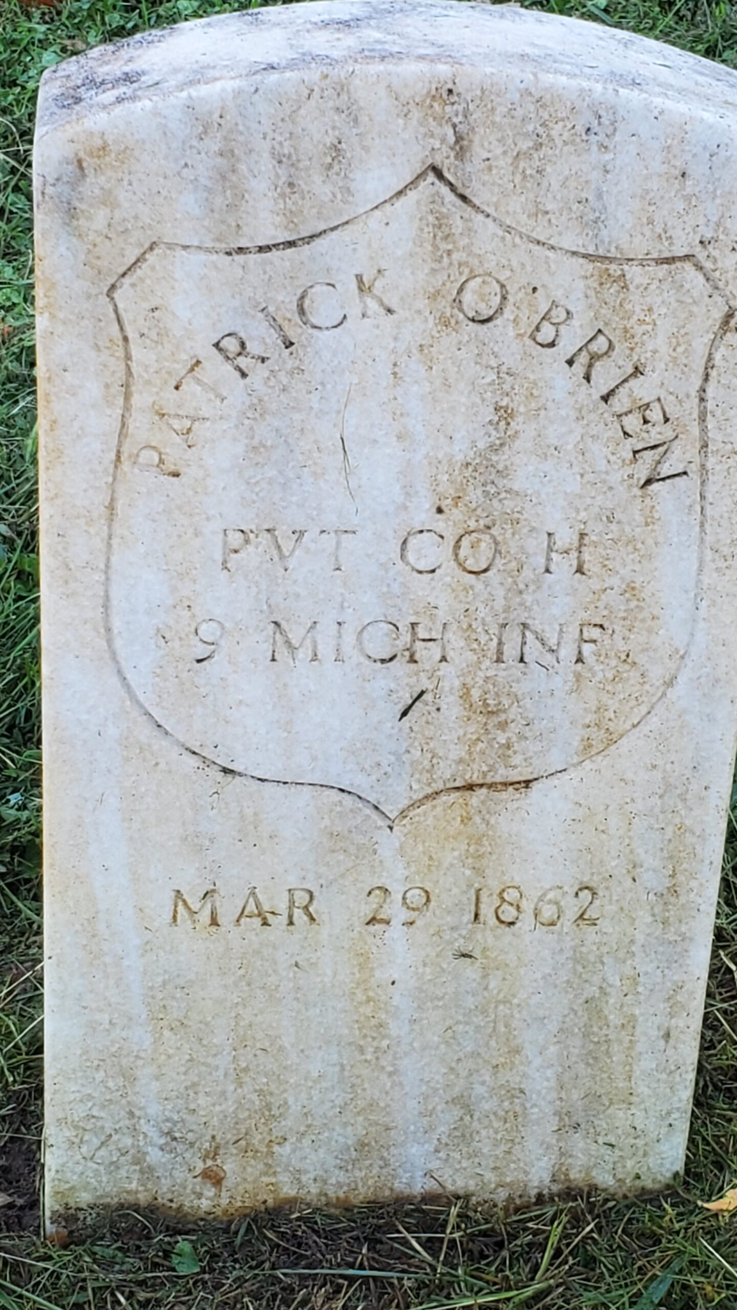 Pvt. Patrick O'Brien, Co. H, 9th Michigan Infantry — Died March 29, 1862