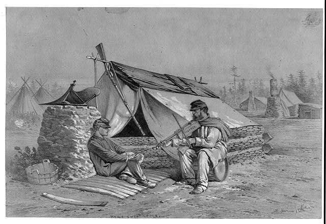 Reconstruction of a Crimean-style tent heating system, showing an exterior fire feeding warm air through a covered trench beneath the tent floor with smoke venting through a rear chimney.