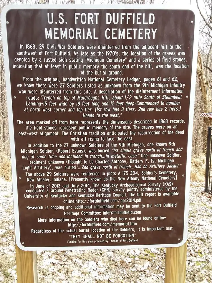 Interpretive sign describing the 1868 disinterment measurements of the burial trench on Memorial Hill
