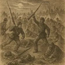 Period sketch of Civil War night alarm or camp confusion