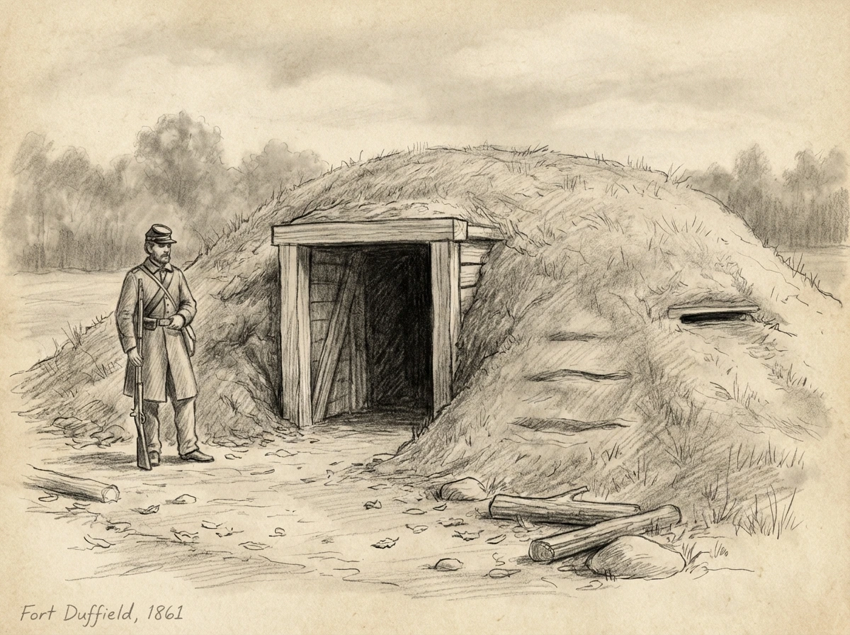 Interpretive rendering of Fort Duffield’s ammunition bunker, showing the timber-lined interior and earth-covered roof used to protect powder and projectiles.